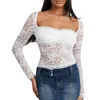 Mulheres Camisetas Mulheres Crop T-shirt Manga Longa Pescoço Quadrado See-through Lace Tops Slim Sheer Clubwear