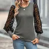 Kvinnor Blusar Spring Autumn Women Sheer Mesh Patchwork Elegant T Shirts Fashion Casual O Neck Long Sleeve Slim Pullover Basic Tops Blus