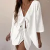 Maillots de bain pour femmes Vintage Robe Femmes Vêtements Été Long Casual 2024 Sexy Pyjamas courts Split avec manches Outworn Home Solid Coton Coréen