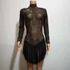 Stage Wear Black Tassel Sparkling Rhinestone Dress Women Sexy Club Mesh See Through Outfit Party Show Performance