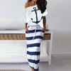 Etekler kadın tekne çapa iki parça set moda omuz tişört plaj uzun elbise kadın rahat şerit baskılı sokak kıyafetleri