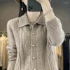 Suéteres femininos mulheres outono e inverno polo colar torcido flor 100 puro cashmere cardigan estilo clássico jaqueta de lã de malha