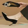 Dress Shoes Sheepskin Insole High Heels For Women With Pointy Square Buckle Rhinestone