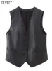 Zevity Women Fashion V Neck Single Breasted Faux Leather Slim Vest Jackor Office Lady Waistcoat Fake Pocket Tops CT5312 240105