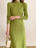 Autumn Winter Slim Long Sleeve Party Midi Dress for Women Knitted Half High Collar Elegant Knitted Sweater Dresses Ladies 240104