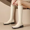 Botas 2024 Long Classic Mulheres Joelho Alto Couro Genuíno Med Saltos Sapatos Mulher Outono Inverno Escritório Casual Tamanho 34-40