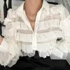 Koszulki damskie seksowne długotropowe klapy jednopasmowe luźne lampiony rękawowe ciasto warstwowe Asymetryczne rąb