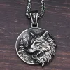 Men Vintage Viking Wolf Pendant Necklace Punk Street Rock Nordic 14K White Gold Odin Wolf Head Necklace Fashion Jewelry