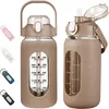 64Oz Glass Water Bottles With Straw Glass Bottle With Silicone Sleeve And Time Marker For Gym Home Office 240105