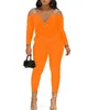 Women's Two Piece Pants Set Women Half Zipper V Neck Tops Sexy Full Sleeve Chain T Shirts Pencil Suit Slim Fit Casual Office Lady