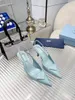 Mode triangel 75 mm sandaler pumpar Italien kvinnor känsliga tår elastiska slingback rem blå läder designer bankett party sandal höga klackar box eu 35-43