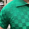 Plaid stickad polo skjortor män vintage grön kort ärm lapel tee toppar sommarelasticitet smal avslappnad affär social polos 240106