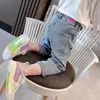 Princess Jeans Pants Girls Denim Trousers Kids Baby Embroidered Elastic Waist Childredn Long Pant for Girl 240106