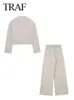 TRAF Sonbahar Moda Kadınların Gevşek Bombacı Ceket Pantolon Seti Bej Coatstretch Yüksek Bel Yan Cepleri Geniş Bacak Pantolon 2 Parça Set 240105