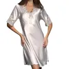 Robe de nuit en satin pour femmes, col en V, manches courtes, chemise de nuit en soie, dentelle, lingerie, 100 coton