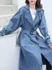 Fitaylor primavera outono moda feminina denim trench coat duplo breasted rendas longo jean jaqueta vintage cor sólida outwear 240105