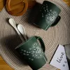 Mugs 350/520ml Leaf Pattern Ceramic Coffee Mug With Lid Spoon Large Capacity Frosted Water Cup Office Tea Kitchen Utensils