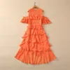 2024 Spring Orange Solid Color Ruffle Chiffon Dress Off Shoulder Round Neck Paneled Lace Midi Casual Dresses S3D121214