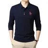 Camiseta de manga larga con solapa bordada de color sólido para hombre Polo informal de negocios para exteriores para hombre 240106