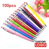 100 pennen per verpakking Mini metalen 2-in-1 stylus Universele balpen Tekstgravure Aangepaste kantoorschool Reclamepen 240105