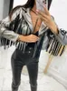 Kvinnorjackor Tassel Pu Leather Party Jacket Fashion Solid Slå ner krage kvinnlig 2024 Autumn Elegant Streetwear korta rockar