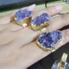 Band Rings 6pcs Vintage Gold color Amethysts cluster Stone Resizable Rings Charms Adjust Copper Open Hammered Cuff for Woman jewelry makingL240105