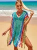 Rainbow Crochet Dress Knit Beach Cover Up Short Sleeve Tassel Tunic Women Fashion 2022 New Beachwear Baddräkter 5