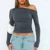 Women's T Shirts Women One Shoulder Tops 2024 Spring Casual Long Sleeve Ruched Shirt Sexy Slim Crop Top Woman Fashion Pink Tight Basic