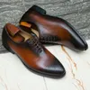 Chaussures Oxford à lacets en cuir véritable pour hommes d'affaires, faites à la main, coupe entière, pour robe de soirée de mariage