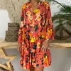 Women Botanical Flower Print Dress Loose Button Halfsplit Neck Long Sleeve Big Hem Dresses Elegant Female Office Gown 240106