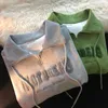 Women's Hoodies Sweatshirts Green Vintage Zipper Draw String American Hiphop Sweatshirt Women Long Sleeve Pullover New Spring Loose Ins Thin High Street Top