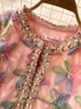 秋の贅沢3Dフローラル刺繍ダイヤモンドビーズショートジャケットコートチュールメッシュロングスカート女性スウィートピンク2ピースセット240105