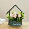 Decorative Flowers 7 Head Rose Artificial Silk Flower Bonsai House Shaped Wooden Pot Simulated Green Plant Wedding Party Decoration