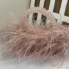 Sac à main avec plumes d'autruche et fourrure pour femmes, fourre-tout de marque de styliste, boîte en pierre de cristal acrylique transparent, fourre-tout de fête fait à la main