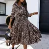 Vestidos de festa 2024 outono/inverno feminino turn down colarinho manga longa leopardo impressão médio grande balanço rendas até elegante estilo sexy vestido