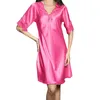 Robe de nuit en satin pour femmes, col en V, manches courtes, chemise de nuit en soie, dentelle, lingerie, 100 coton