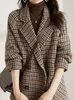 Vintage Hahnentritt Frauen Woll Blazer Zweireiher Plaid Weibliche Anzug Jacke Mode Koreanische Oberbekleidung Lose Blaser Mantel 240105