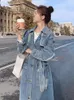 Spring Autumn Denim Trench Women Fashion Lapel Single Breasted Jacket Lady Vintage Pockets Laceup Long Jean Coat 240105