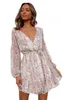 Lässige Kleider Khaki Gestreift Damen A-Linie Minikleid Feminin V-Ausschnitt Slim Langarm Vintage 2024 Frühling und Herbst Vestidos