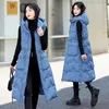 Autumn Winter Hooded Waistcoat Women Long Slim Down Cotton Vests Coat Kvinnliga ärmlös Puffer Parkas Ytterkläder 240106