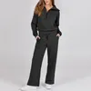 Pantalon de deux pièces pour femmes 2pcs femmes couleur unie tenue décontractée revers fermeture éclair encolure manches longues sweat taille élastique cordon de serrage jambe large