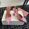 Amina Muaddi-Sandalen, spitze Satin-Slingbacks, Schleifenpumps, Kristall-Sonnenblumen-Stiletto-High-Heels-Schuh, 10 cm, Luxus-Designer-Abendschuhe für Damen, Party- und Hochzeitsschuhe, Box