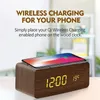 Wooden Digital Alarm Clock with Wireless Charging LED Time DateTemperature Desk Clocks for OfficeBedside 240106