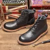 Handmade Men's Genuine Leather 2024 Spring Designer New Style Vintage Round Toe Man Flat Ankle Business Shoes Boots