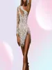 Yoga outfit Summer Women Sexy Party Dress Long Sleeve Off One Shoulder Mesh Silver Sequin Short Slitklänning4407101