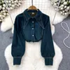 Kvinnors blusar Spring Fashion Denim Shirts For Women stänger av krage LAPEL Singel Long Puff Sleeve Blue French Chic Female Blusa Dop