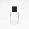 Garrafa vazia de perfume de vidro transparente de 50 ml, de boa qualidade, com caixa azul de presente personalizada, saco de papel