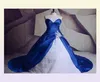 Vintage Kraliyet Mavi Satin Gelinlik Beyaz Organza Dantel Aplike Şapel Tren Düğün Gelin Balin Elbise Boncuklu Özel Yapım Plus2984009