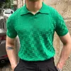 Plaid Knitted Polo Shirts Men Vintage Green Short Sleeve Lapel Tee Tops Summer Elasticity Slim Casual Business Social Polos 240106