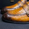 Mocassins masculinos de couro genuíno, slip-on, festa de casamento, fivela dupla formal, sapatos sociais com estampa de crocodilo para homens